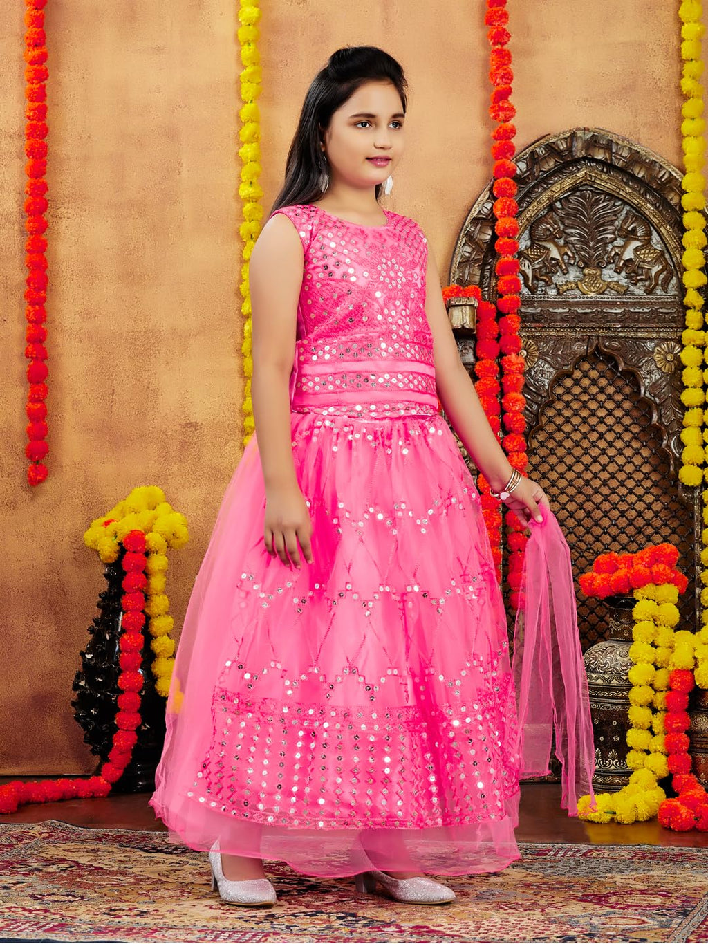 Aarika Girls Ethnic Wear Turquoise Colour Gajri Thread Embroidery Net Lehenga Choli Set (4-10 Years)