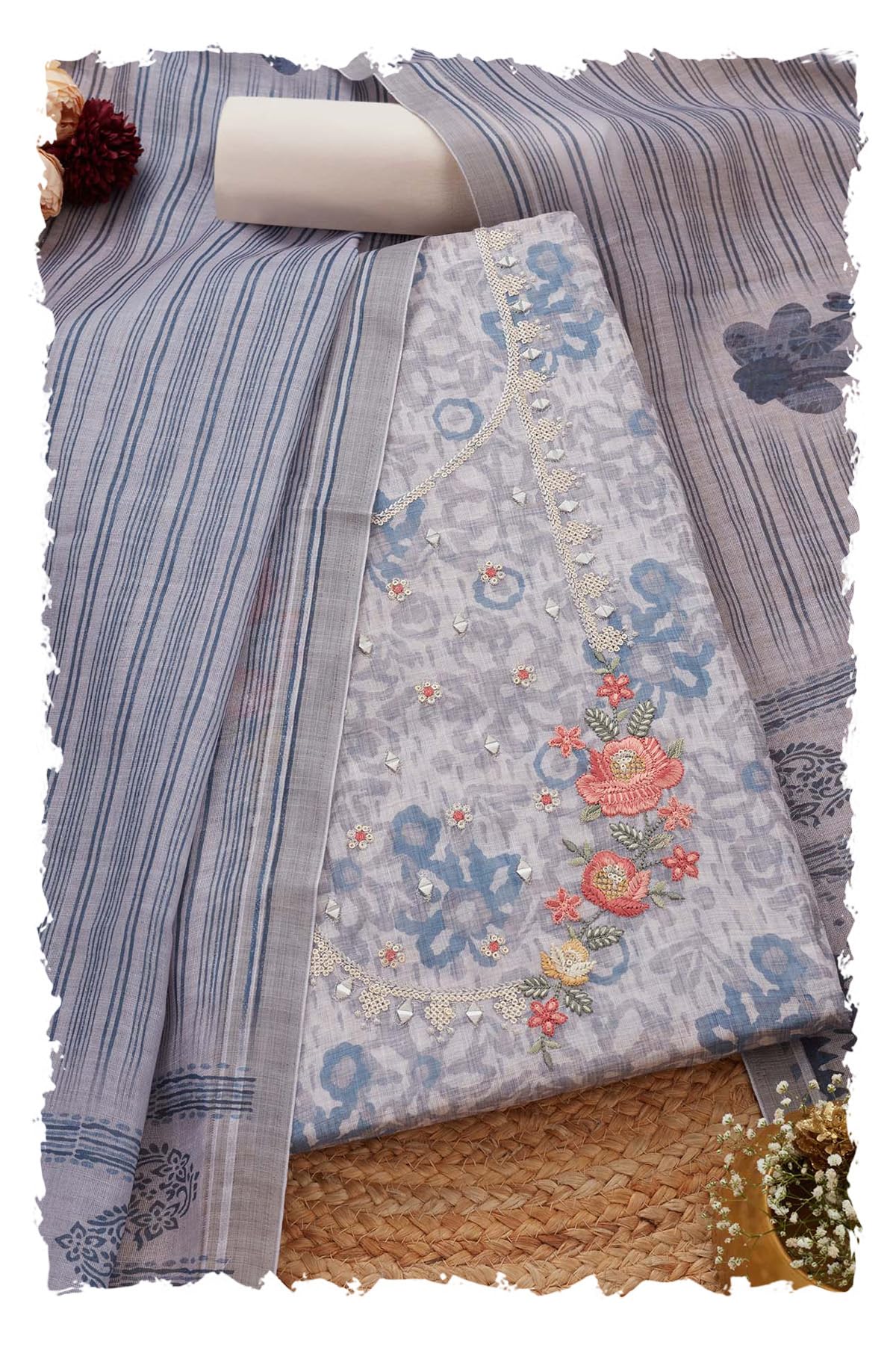 Soch Women Linen Floral Unstitch Dress Material with Mirror Work