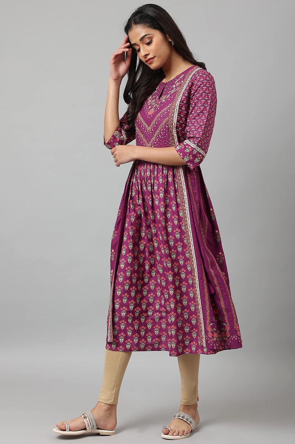 W For Woman Dark Purple Floral Printed A-Line Kurta With Sequins