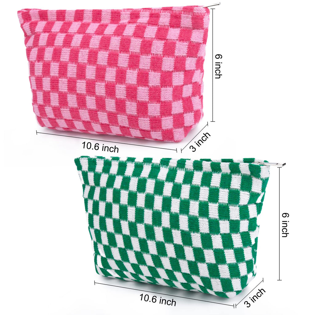SOIDRAM 2 Pieces Makeup Bag Large Checkered Cosmetic Bag Capacity Canvas Travel Toiletry Bag Organizer Cute Makeup Brushes Aesth