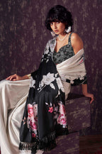 Womanista Womens Satin Two Way Floral Black Saree With Un-stitched blouse