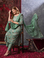 ANNI DESIGNER Women s Kurta Rayon Blend Pants with Dupatta, Green, S
