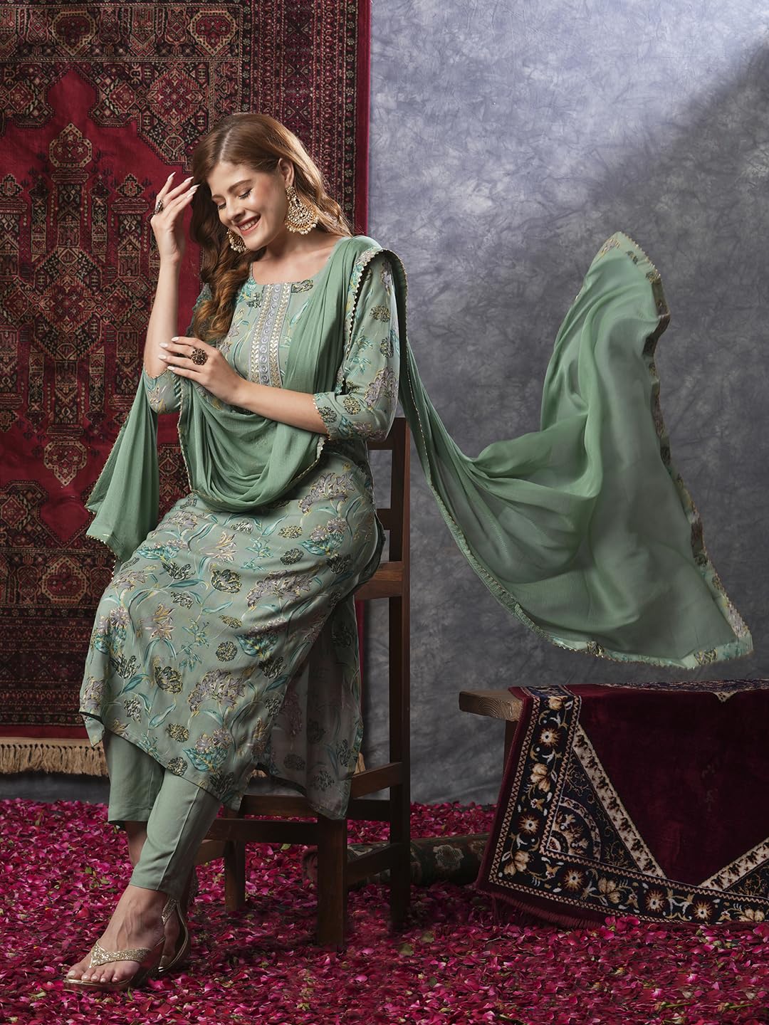 ANNI DESIGNER Women s Kurta Rayon Blend Pants with Dupatta, Green, S