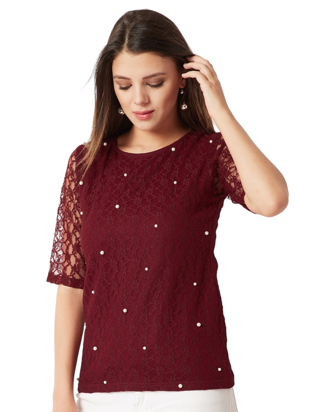 Miss Chase Womens Round Neck Half Sleeves Cotton Lace and Pearl Detailing Top (MCAW25DEN63-03-792-03, Rich Maroon, S)