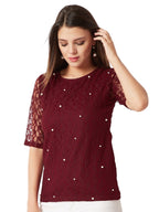 Miss Chase Womens Round Neck Half Sleeves Cotton Lace and Pearl Detailing Top (MCAW25DEN63-03-792-03, Rich Maroon, S)