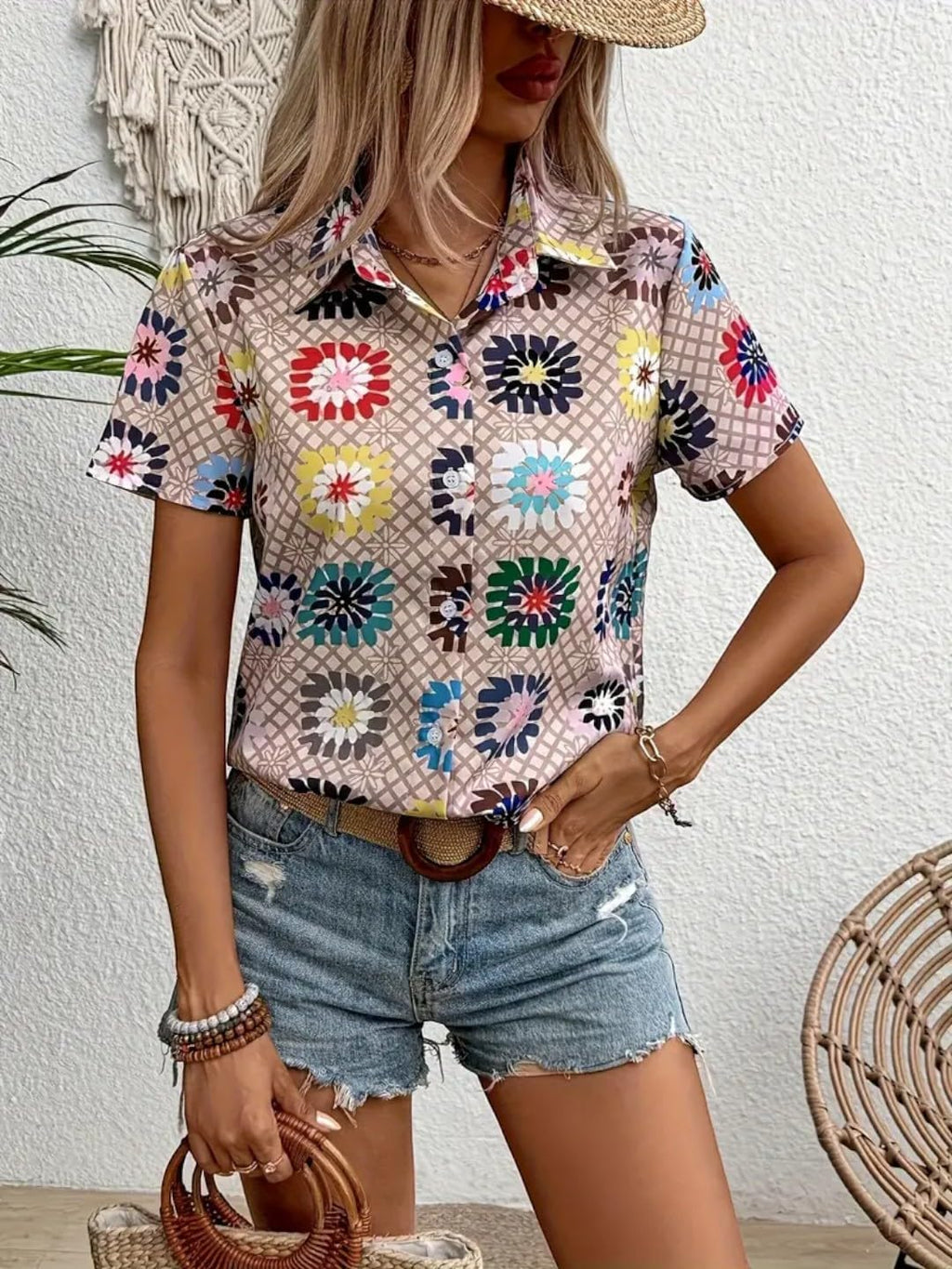 Gufrina Top For Women Stylish Western|Shirt Type Top|Half Sleeve|Fabric Rayon| Collar Neck |Floral Print|Casual Regular Fit (Gre