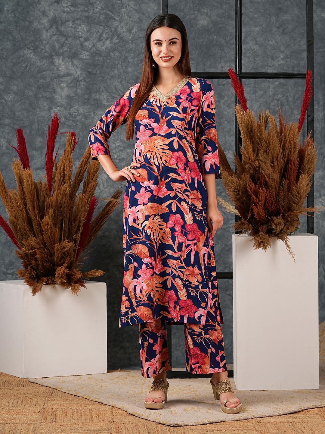 ANNI DESIGNER Women s Cotton Blend Kurta with Palazzo, Blue, L
