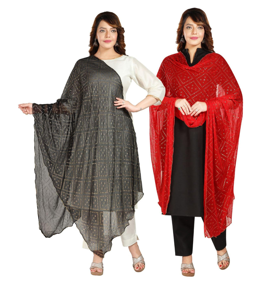 Fabme Women'S Printed Dupatta With Embellish Golden Border Black Red - Pack Of 2
