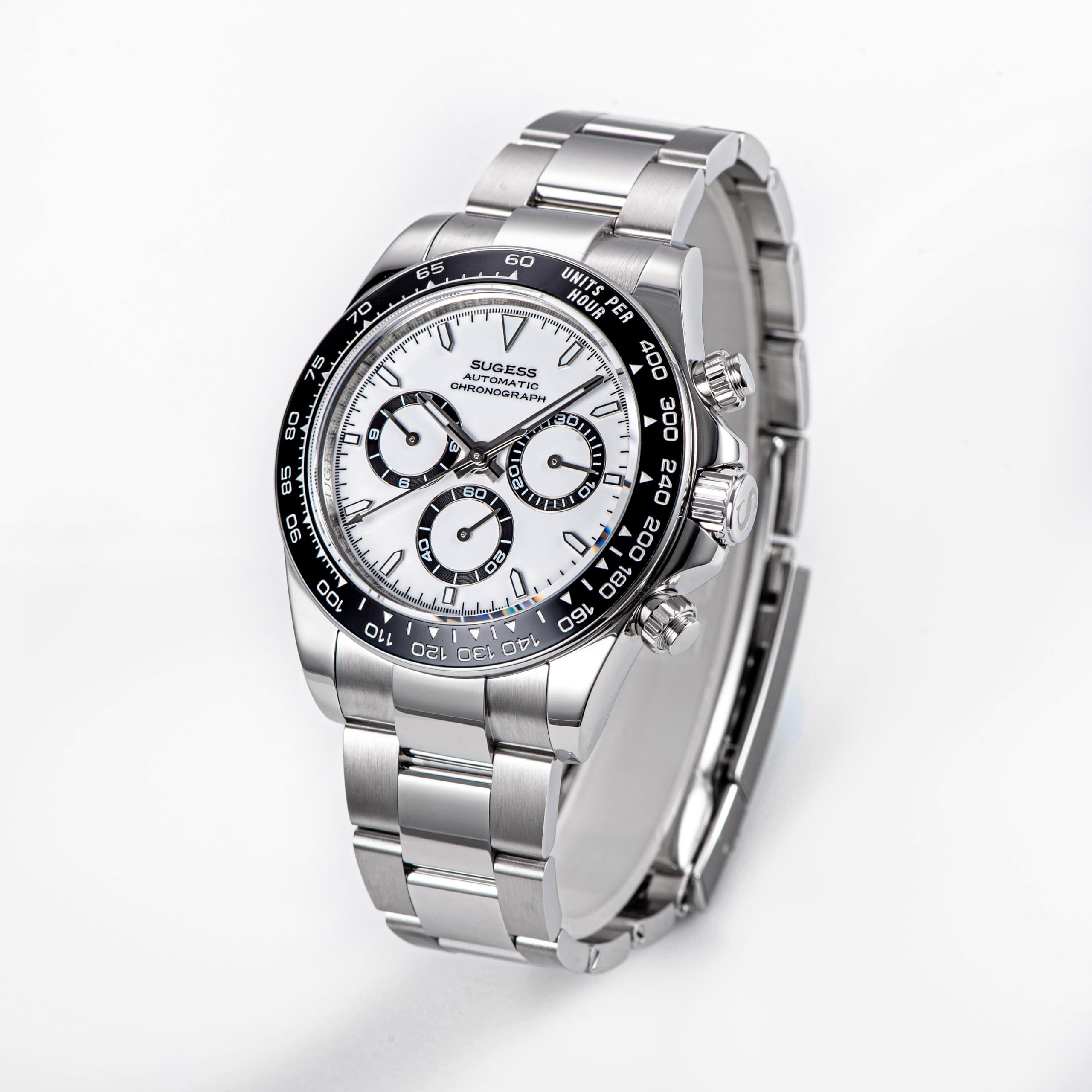 Sugess S418-2.002.S Chrono Racing Genuine Ceramic Bezel High Beat 41 Jewels SL4801 Chronograph Mens Watch, SILVER