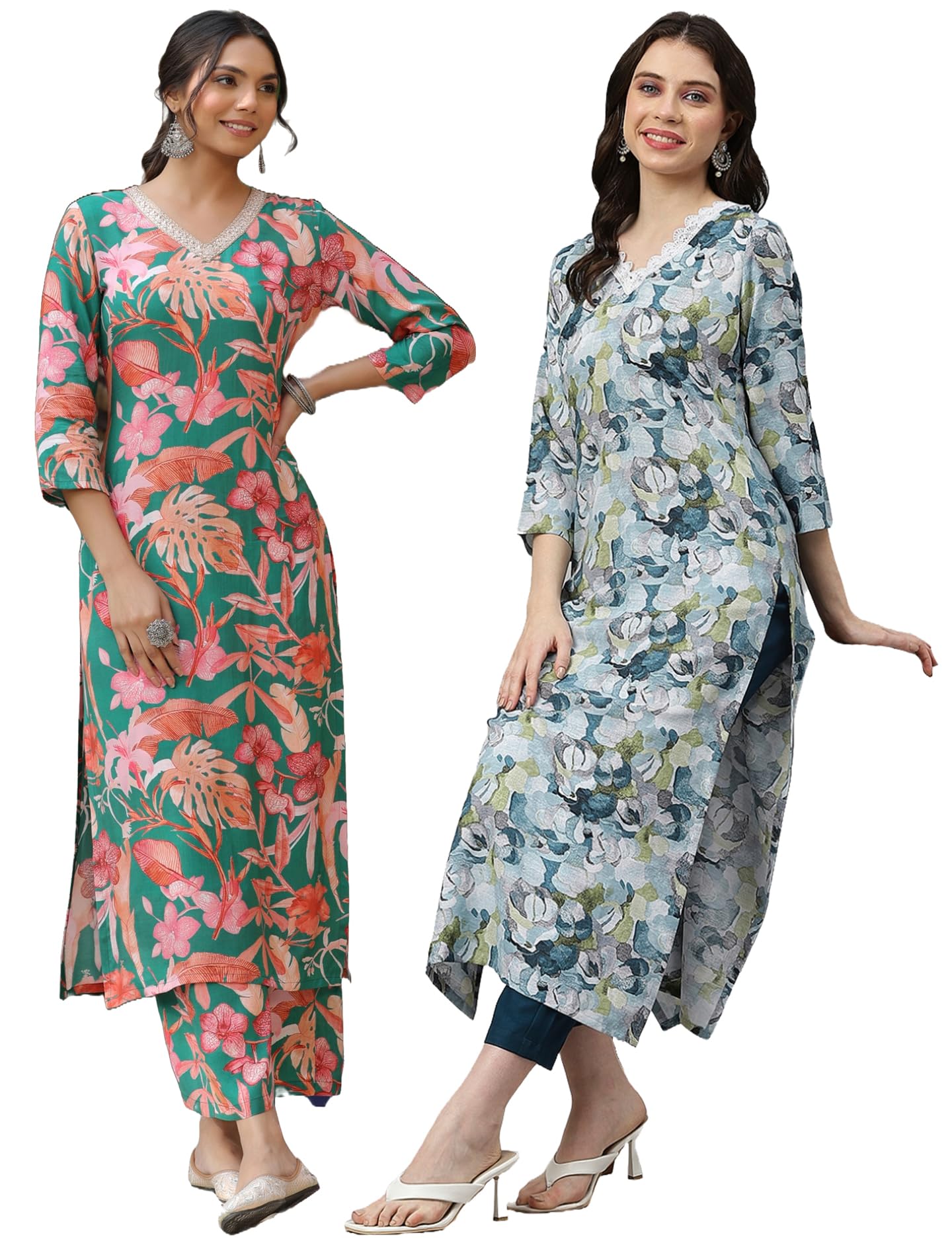 ANNI DESIGNER Ladies Cotton Blend Kurta with Trousers Pack of 2, multi-coloured, L