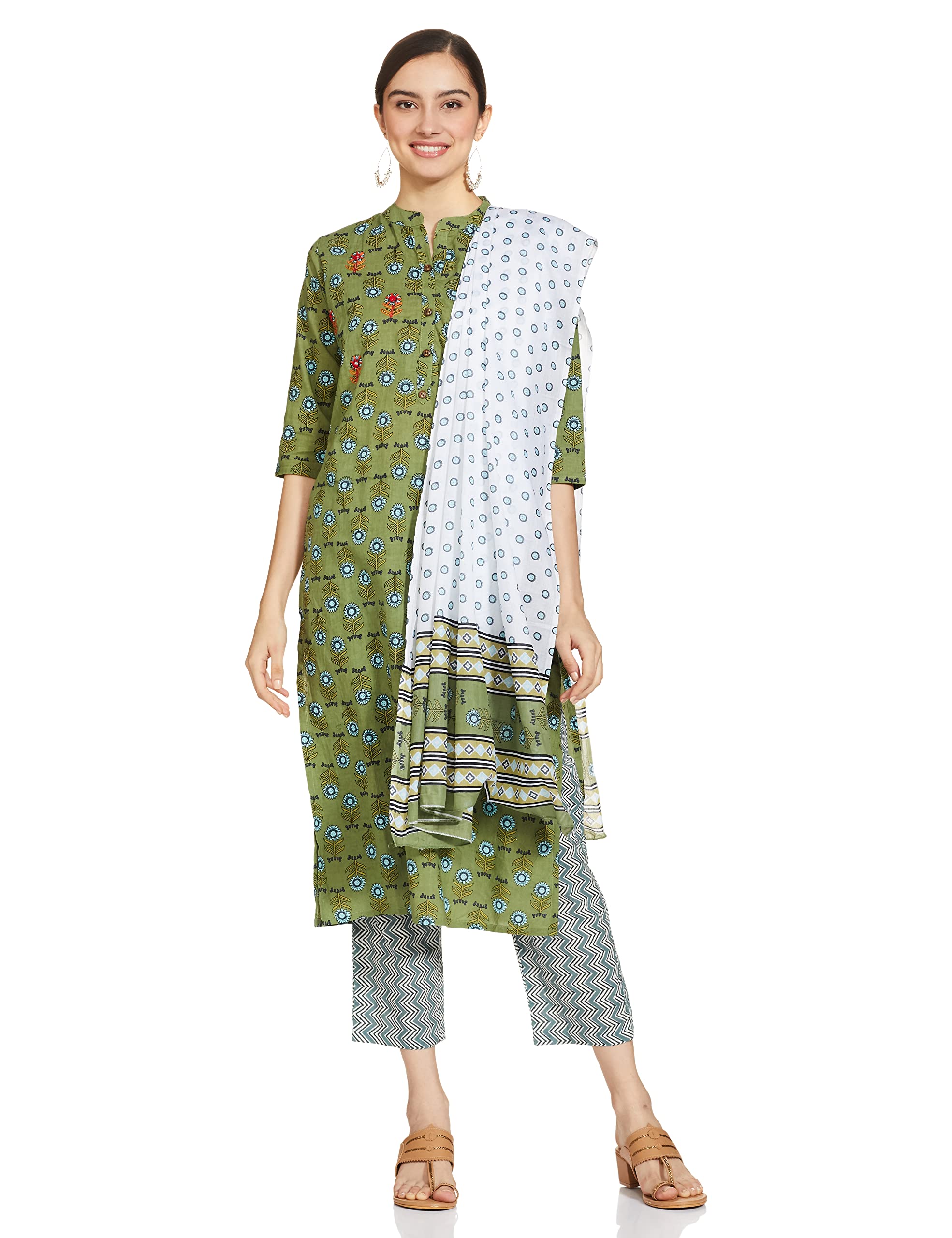 Anubhutee Women'S Cotton Olive Green Ethnic Motifs Printed Straight Kurta Suit Set With Pants And Dupatta