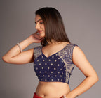 Pujia Mills WomenS Sequin Embroidered V Neck Sleeveless Navy Blue Readymade Saree Blouse Indian Ethnic Stitched Padded Blouses