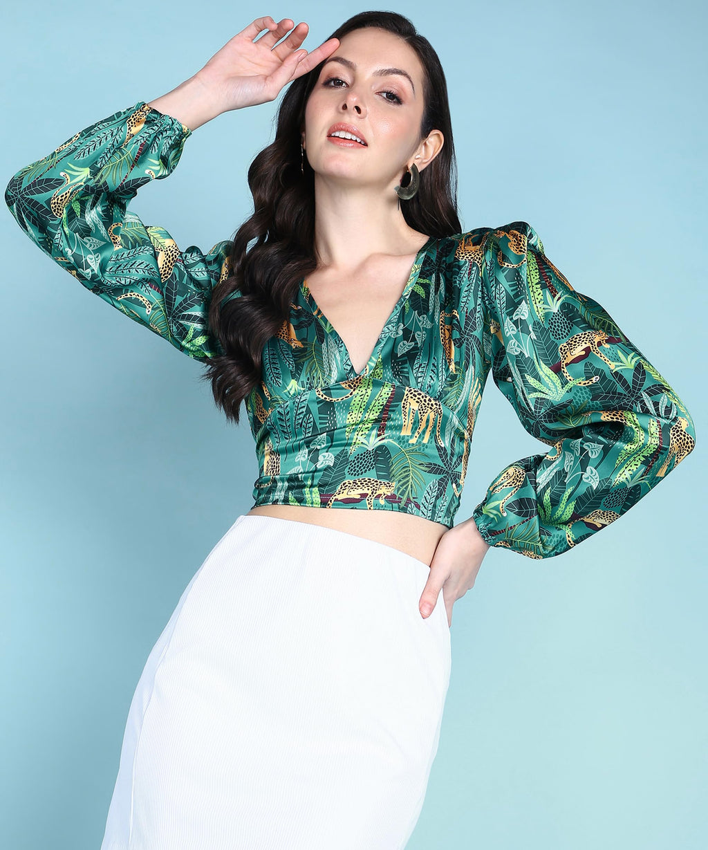 POPWINGS Women Casual Greeb Leopard Printed Satin Smocking Crop Top Green