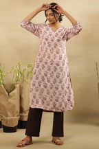 Folksong By W Women Pink Printed Viscose Straight Kurta
