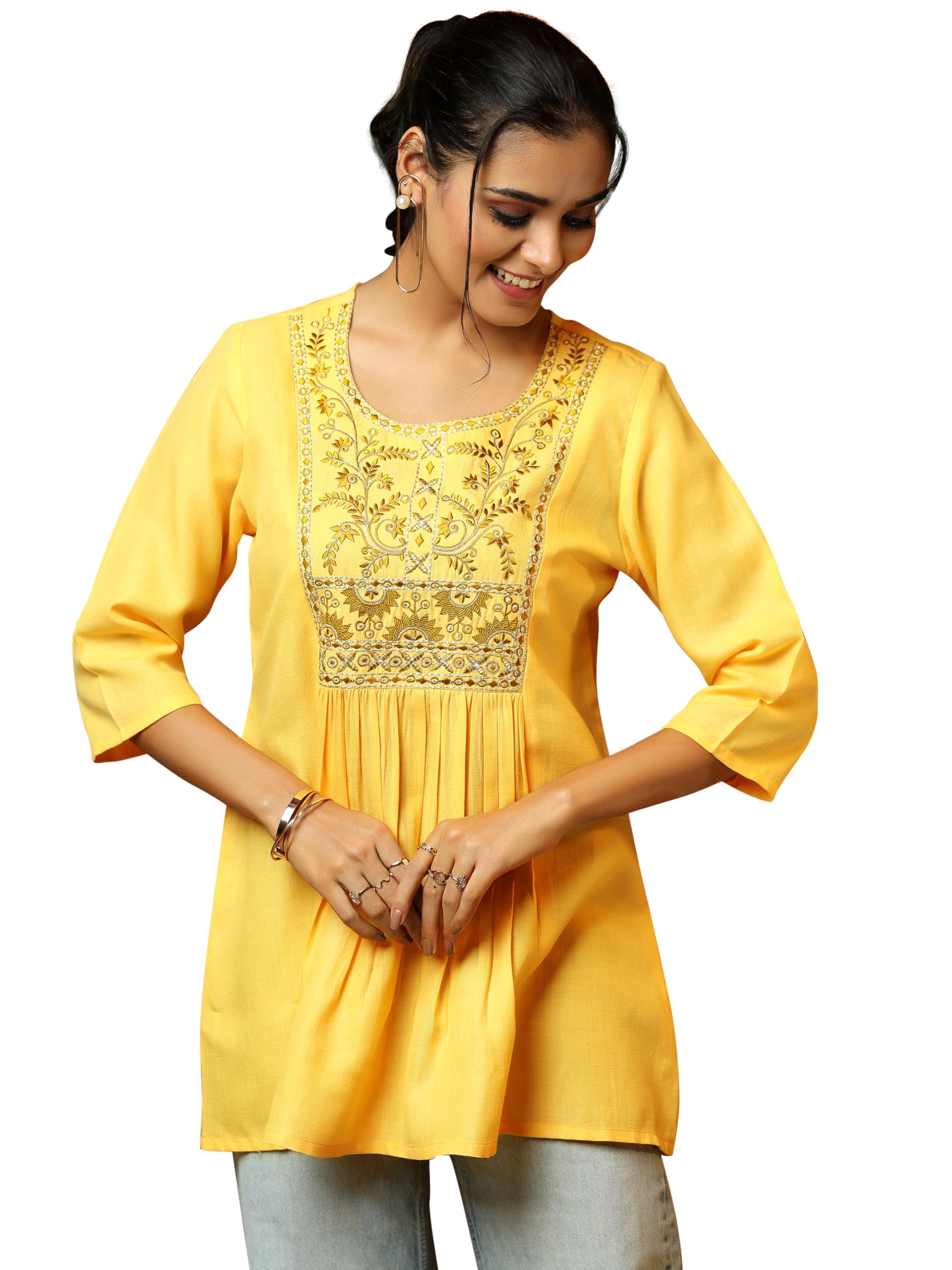 Libas Womens Yoke Design Cotton Blend A-Line Kurti For Women Yellow