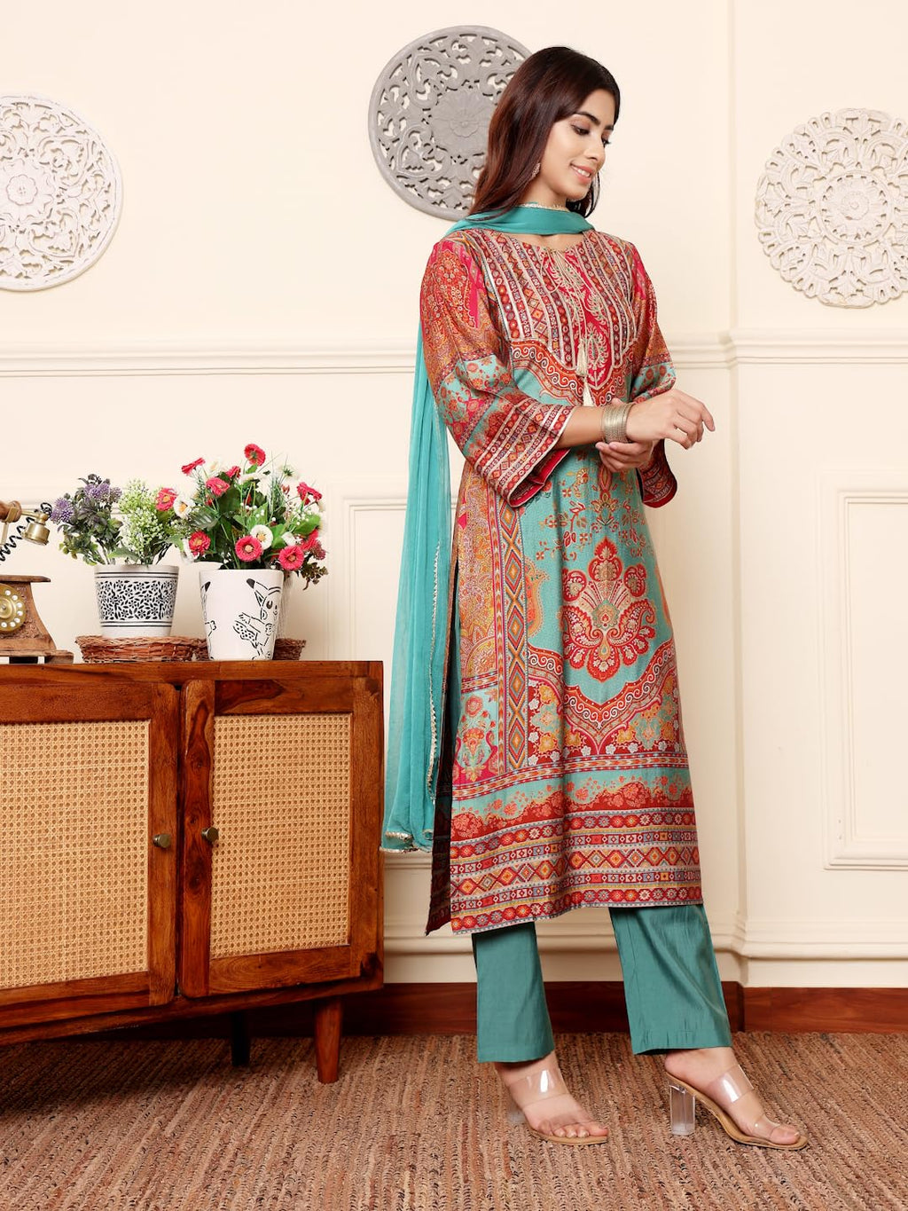 Varanga Women Turkish Ethnic Printed Zari & Gota Lace Detailed Kurta With Solid Trouser & Dupatta  Elegant Ethnic Set