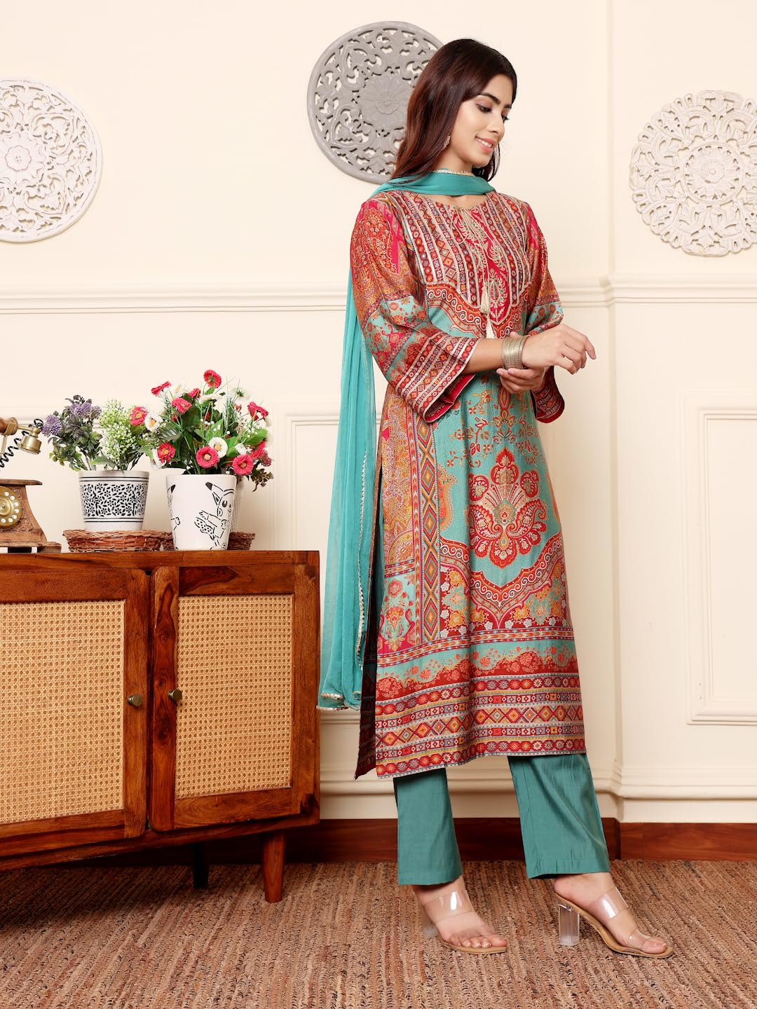Varanga Women Turkish Ethnic Printed Zari & Gota Lace Detailed Kurta With Solid Trouser & Dupatta  Elegant Ethnic Set