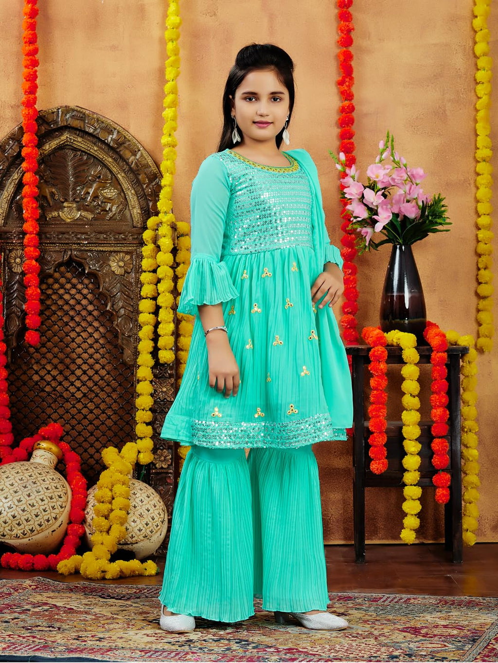 Aarika Girls Ethnic Wear Sea Green Colour Sequins Embroidery Georgette Kurti Sharara Set (5-11 Years)