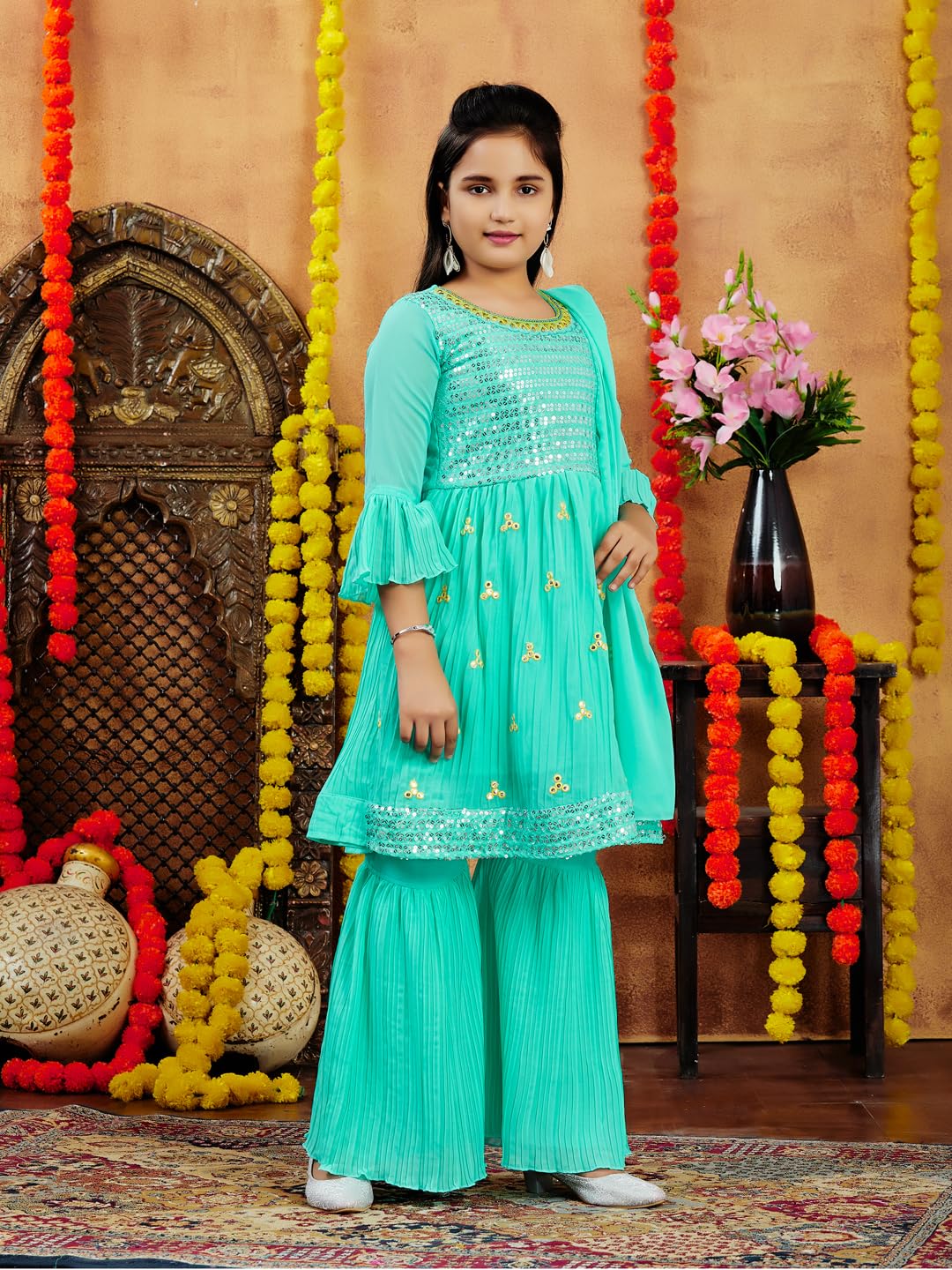 Aarika Girls Ethnic Wear Sea Green Colour Sequins Embroidery Georgette Kurti Sharara Set (5-11 Years)