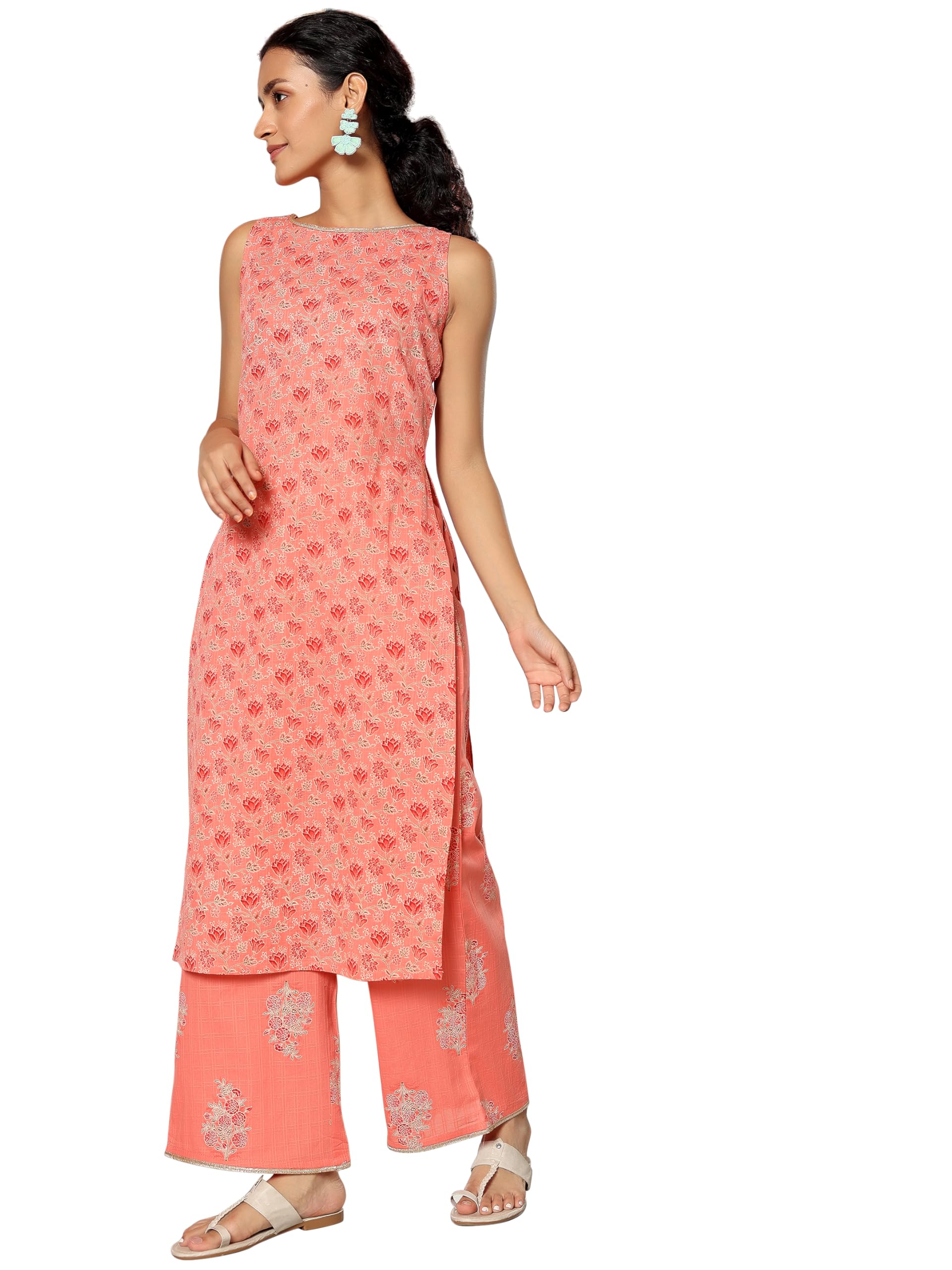 Libas Women Cotton Peach Printed Straight Kurta With Palazzos, Medium