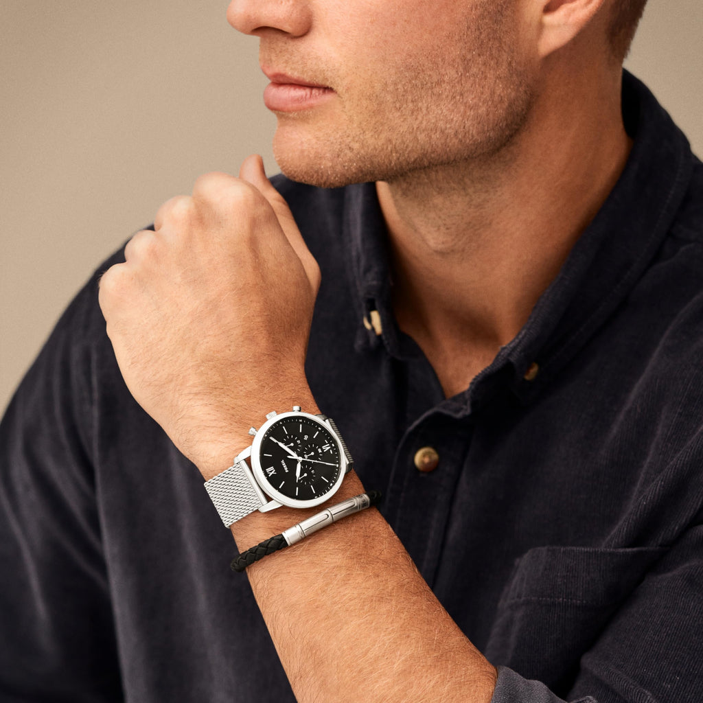 Fossil Men's Neutra Gift Set Chronograph Stainless Steel Watch, Color: Silver Mesh Bracelet Set (Model: FS6020SET)