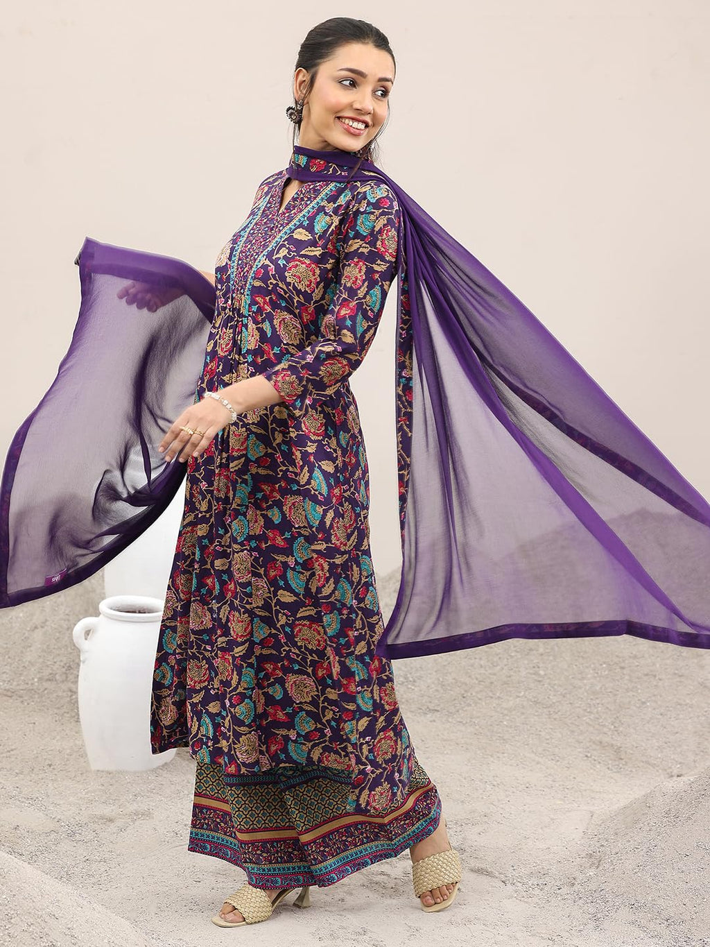 Libas WomenS Cotton Blend Kurta Set (400277Ir_Purple