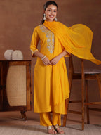 Libas Womens Yoke Design Viscose Straight Kurta With Trousers And Dupatta
