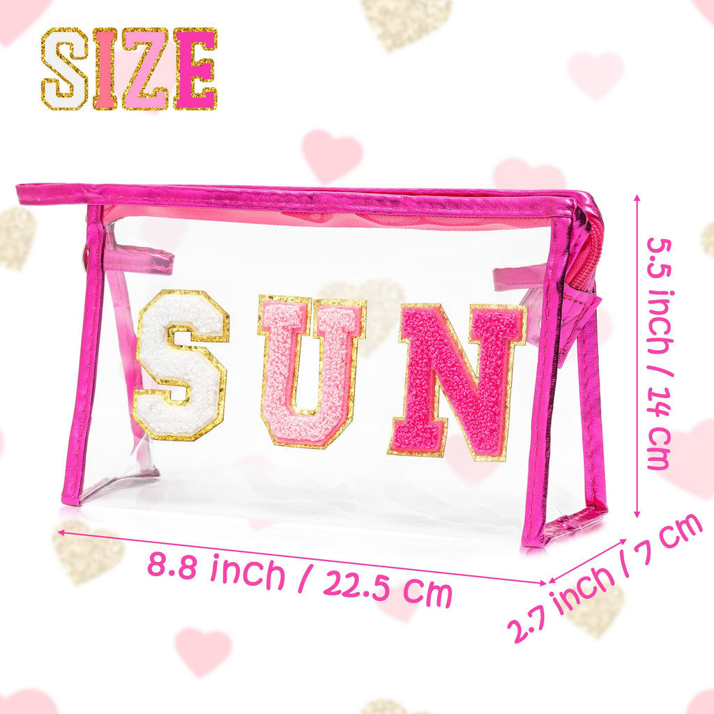 Y1tvei Preppy Patch SUN Varsity Letter Cosmetic Toiletry Bag Transparent PVC Zipper Makeup Bag Clutch Purse Portable Waterproof