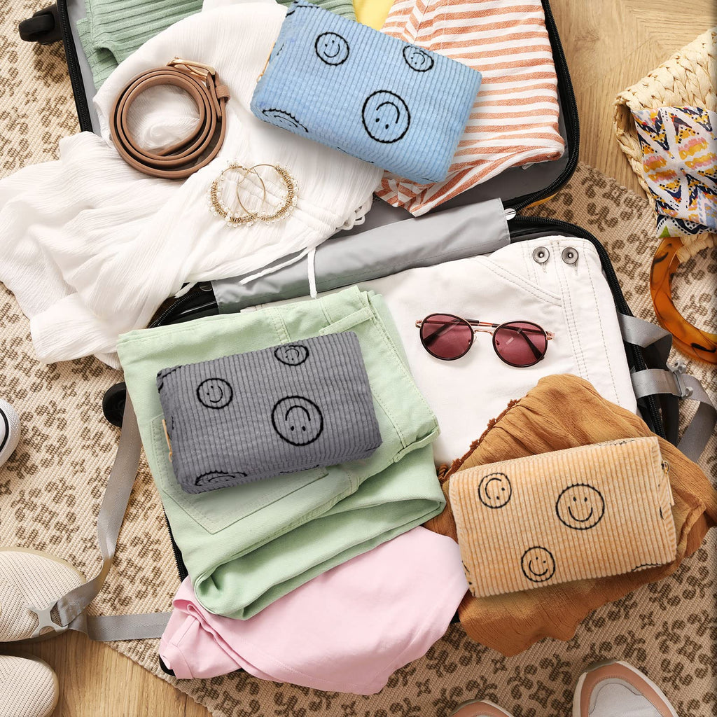 Photect 3 Pcs Corduroy Cosmetic Bag Smile Face Aesthetic Preppy Makeup Bag Corduroy Toiletry Aesthetic Pouch Travel Smile Bags
