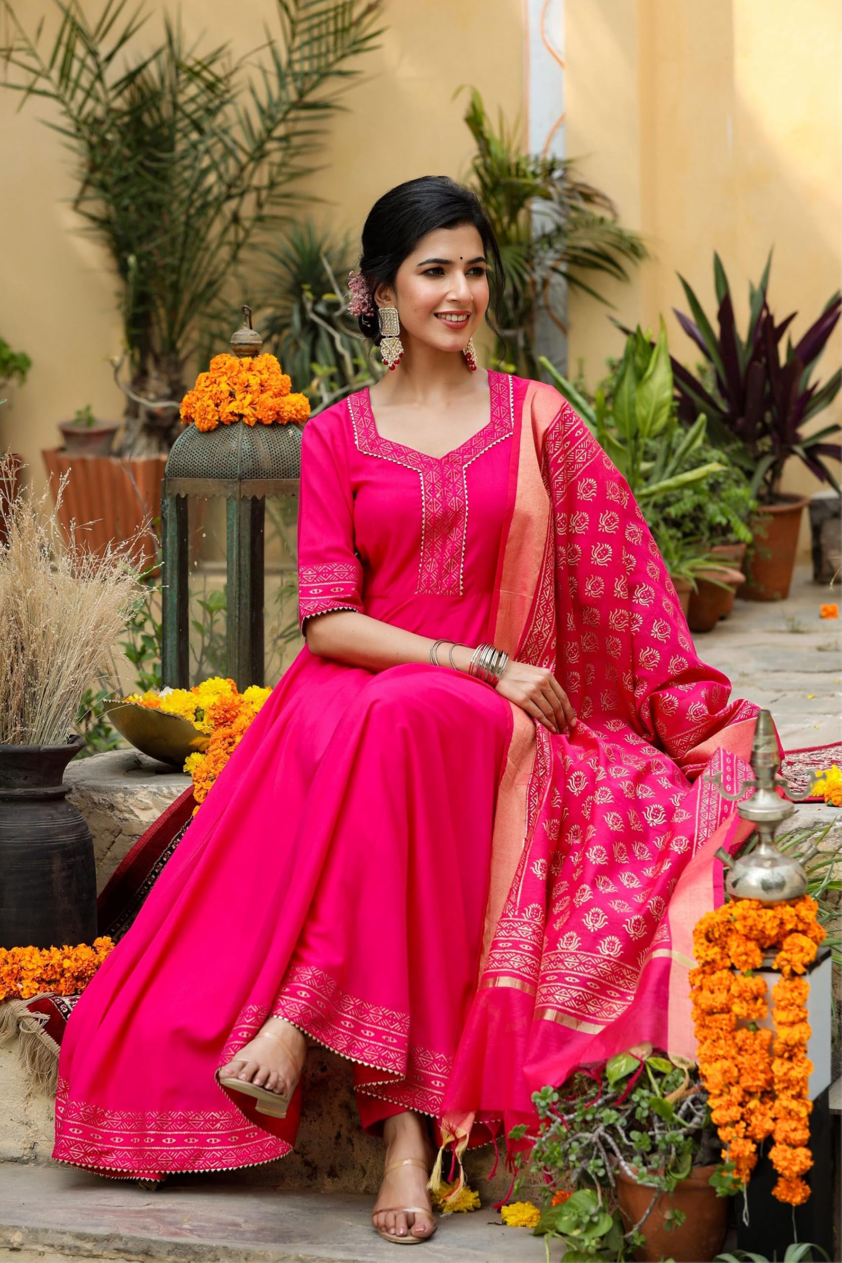 ANNI DESIGNER Women s Rayon Blend Kurta with Pants and Dupatta, Pink, XL