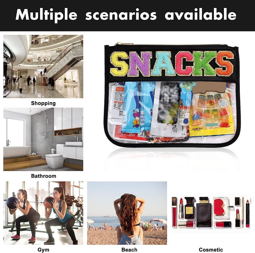 BCRMPT Chenille Letter Bag Clear Flat Pouch,Multi-purpose PVC&Nylon Clear Cosmetic Bags,Travel Makeup Bag With Zipper For Women,