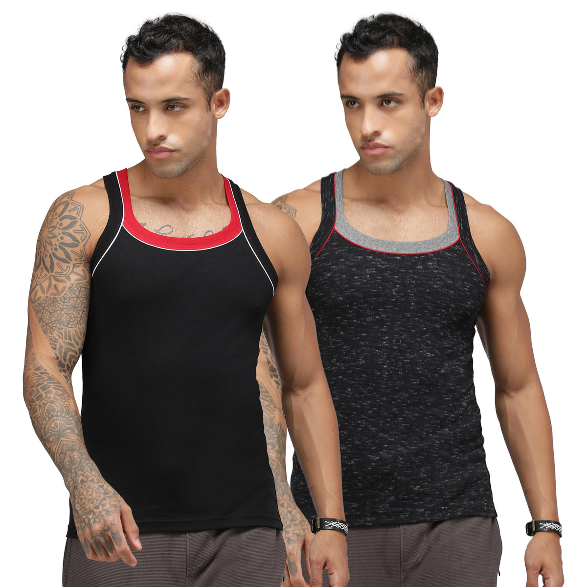 Sporto Macho MenS Pure Cotton Solid Contrast Neck And Piping Gym Vest Pack Of 2Assorted