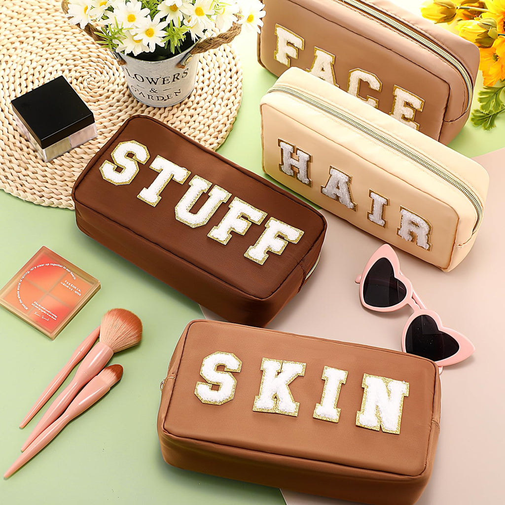 4 Pcs Preppy Makeup Bag Chenille Letter Nylon Cosmetic Bag Makeup Organizer Bag Toiletry Cosmetic Case Preppy Bag with Zipper St