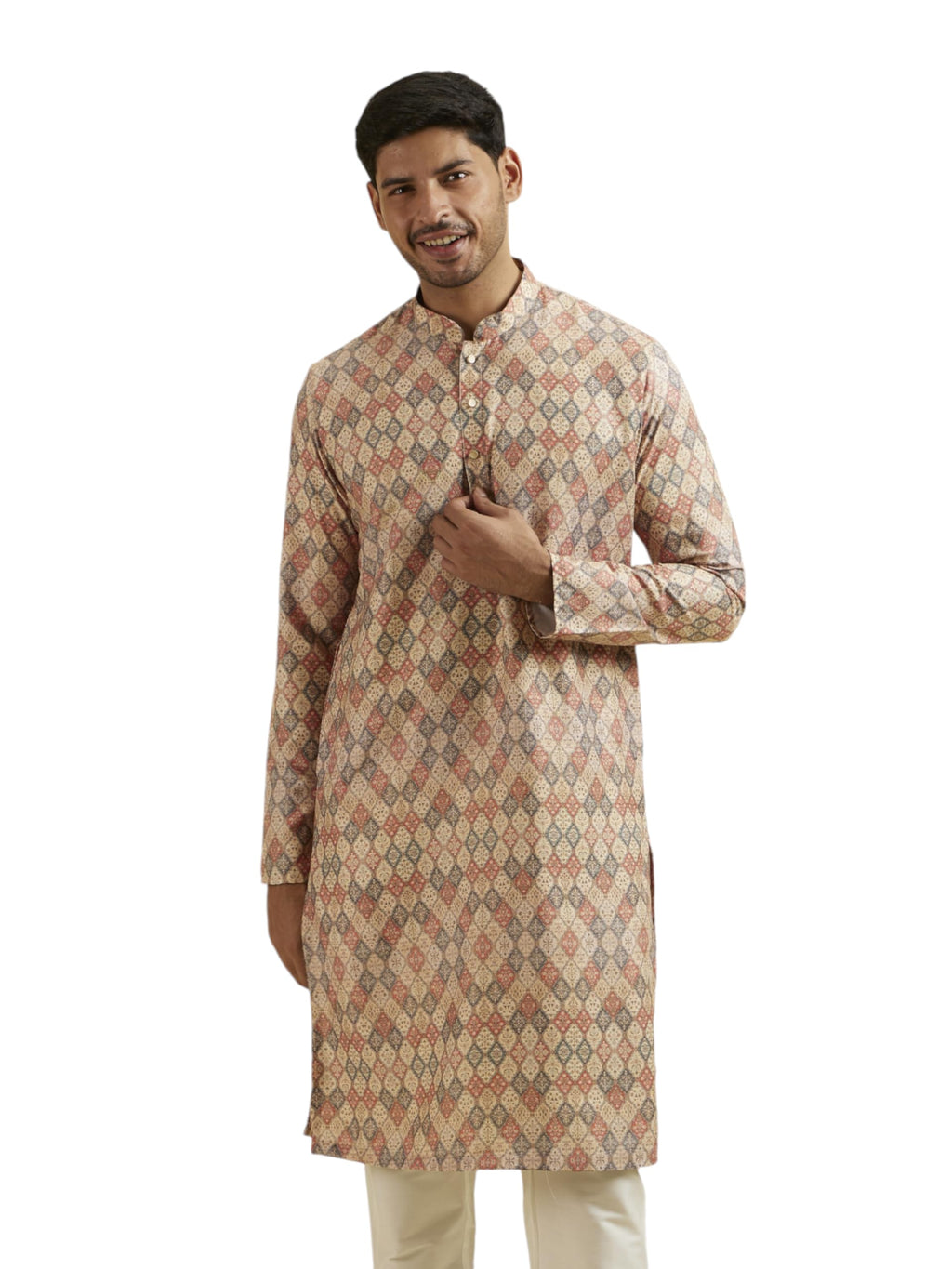 Manyavar Mens Viscose Blend Print Long Kurta (Beige,XXL)