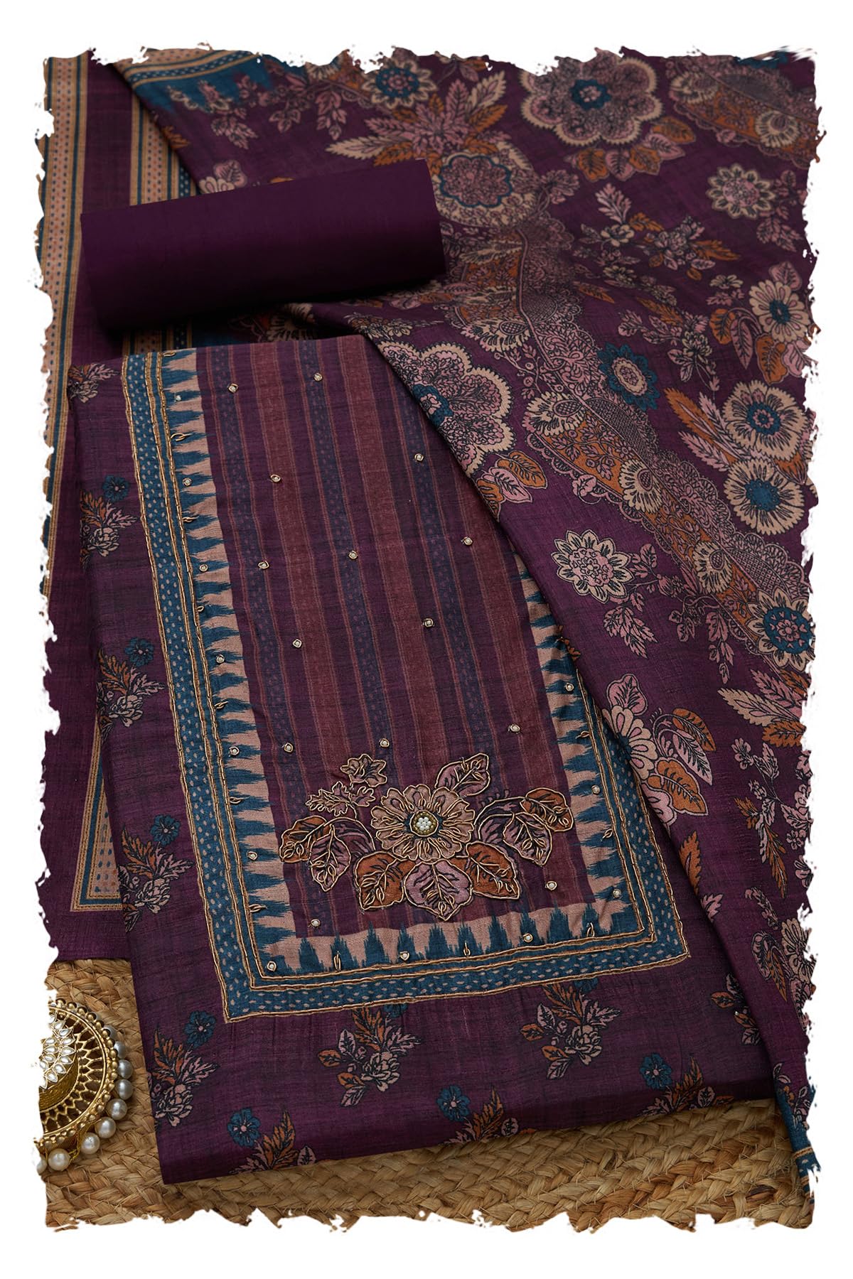 Soch Women Art Tussar Floral Print Unstitched Dress Material with Pearl