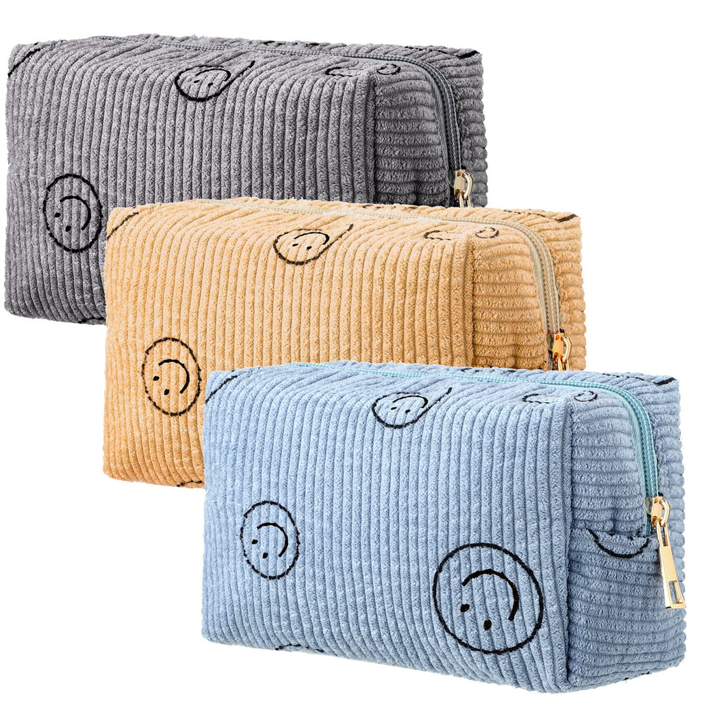 Photect 3 Pcs Corduroy Cosmetic Bag Smile Face Aesthetic Preppy Makeup Bag Corduroy Toiletry Aesthetic Pouch Travel Smile Bags f