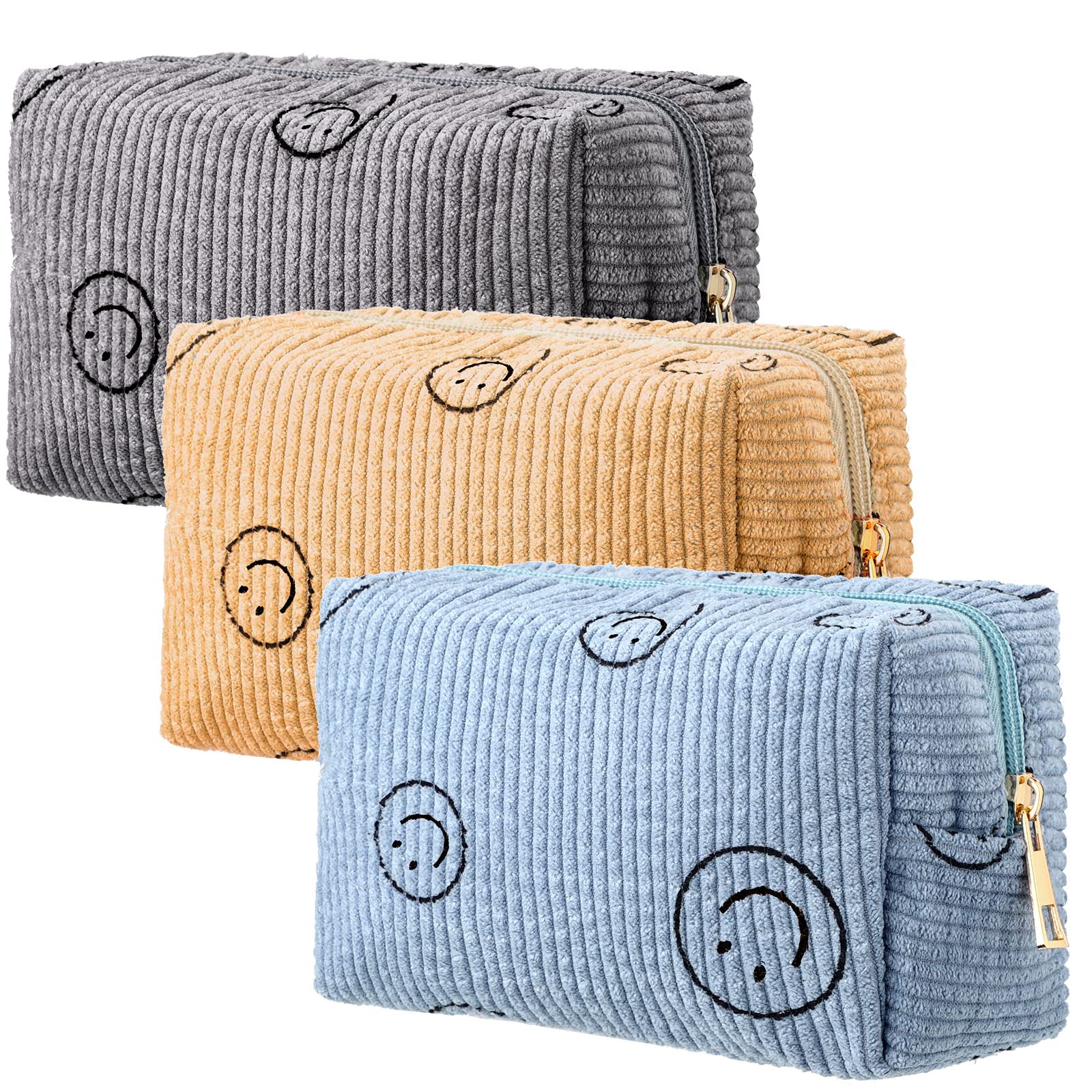 Photect 3 Pcs Corduroy Cosmetic Bag Smile Face Aesthetic Preppy Makeup Bag Corduroy Toiletry Aesthetic Pouch Travel Smile Bags f