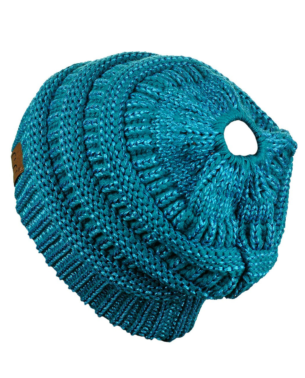 C.C BeanieTail Soft Stretch Cable Knit Messy High Bun Ponytail Beanie Hat, Teal Metallic