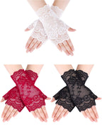 3 Pairs Lace Gloves Women Short Fingerless Floral Gloves Flower for Bridal Wedding Halloween(Black, White, Red)