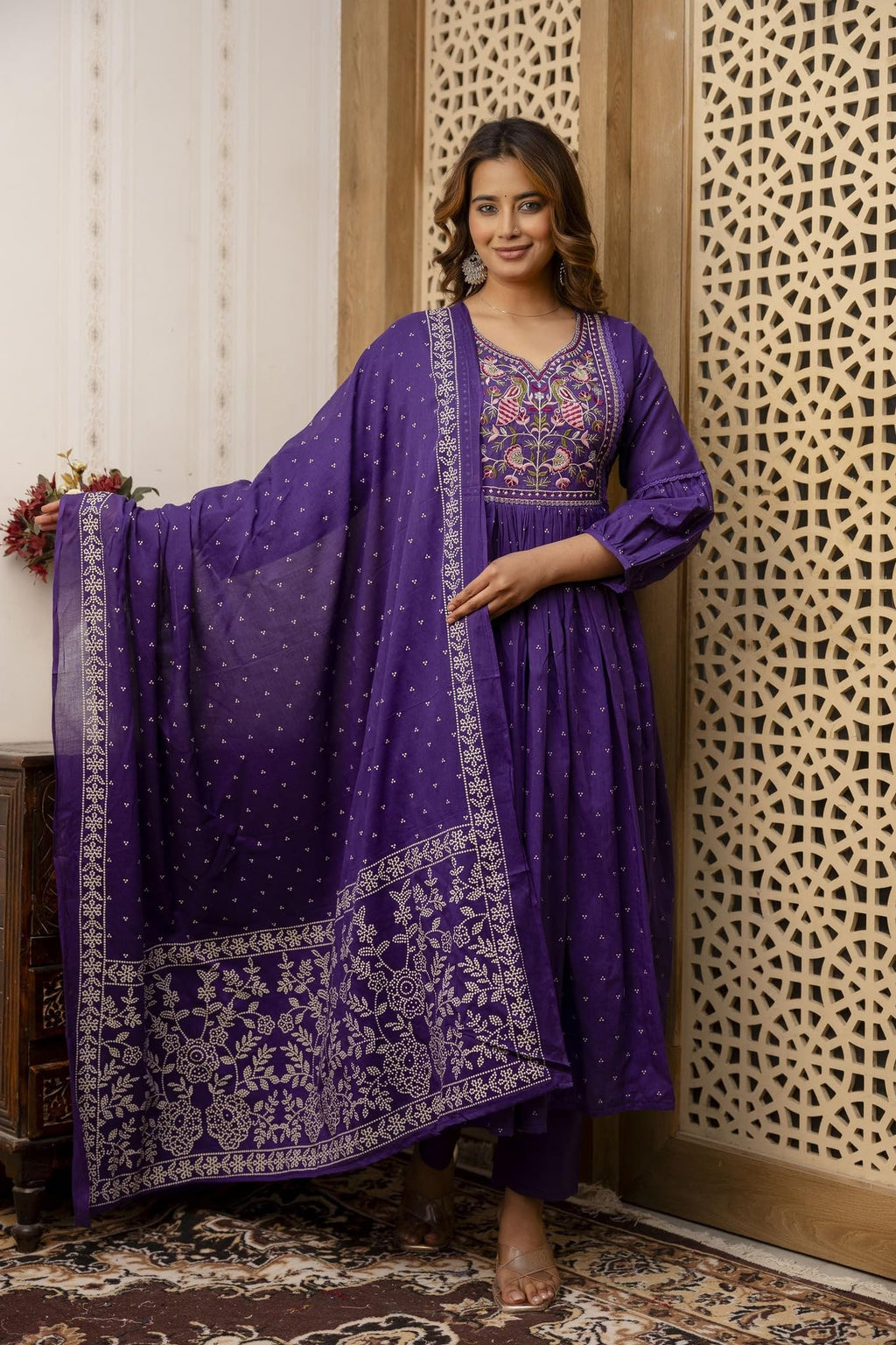 ANNI DESIGNER Womens Rayon Viscose Embroidered Anarkali Kurta with Pant & Dupatta (Kanota Blue-VKS03_XXL_Blue_XX-Large)