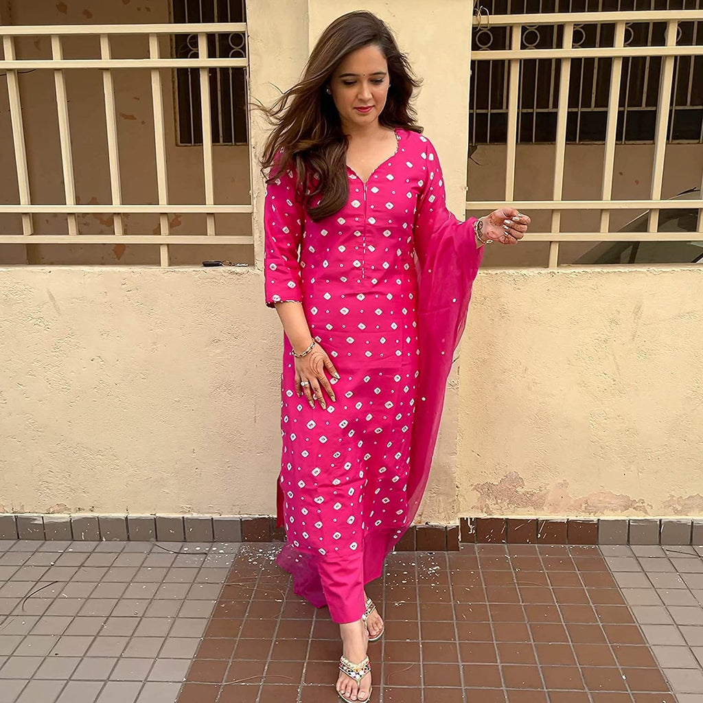 ANNI DESIGNER Womens Rayon Printed Kurta with Palazzo and Dupatta (Lohini Pink_M_Pink_Medium)