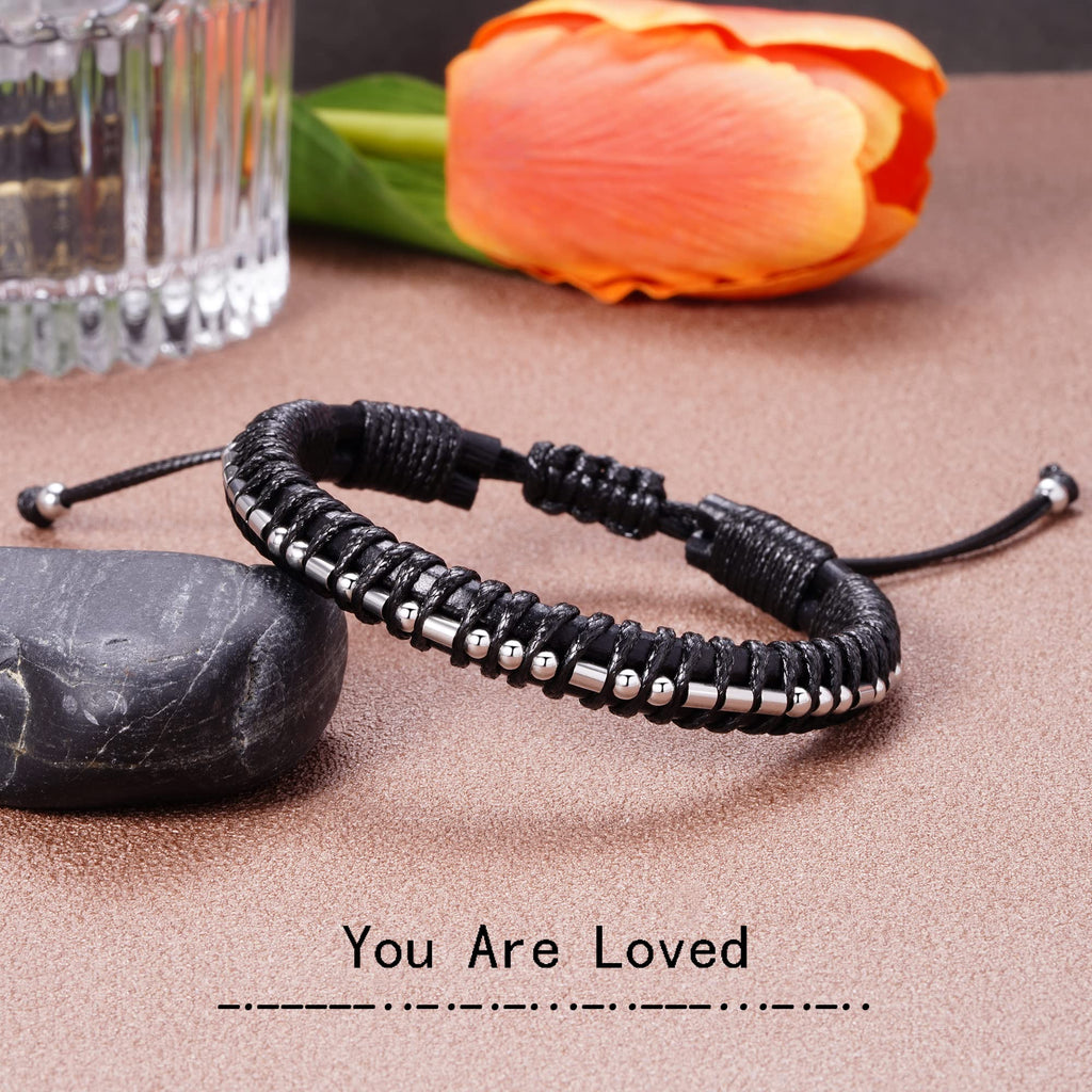 Bracelets for Men Inspirational Gifts for Him Morse Code Bracelets Adjustable Cool Leather Braided Bracelets for Boyfriend Husba