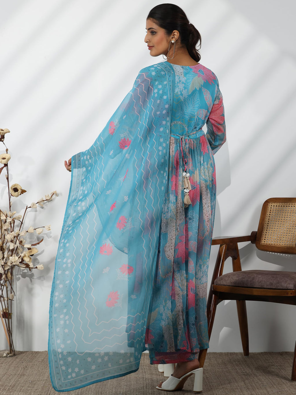 Libas Womens Printed Chiffon A-Line Kurta With Palazzos And Dupatta