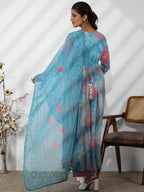 Libas Womens Printed Chiffon A-Line Kurta With Palazzos And Dupatta