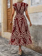 Shasmi WomenS Rayon Maxi Ruffled Hem And Belted Waist (V-Neck Striped Printed Dress 140_Maroon