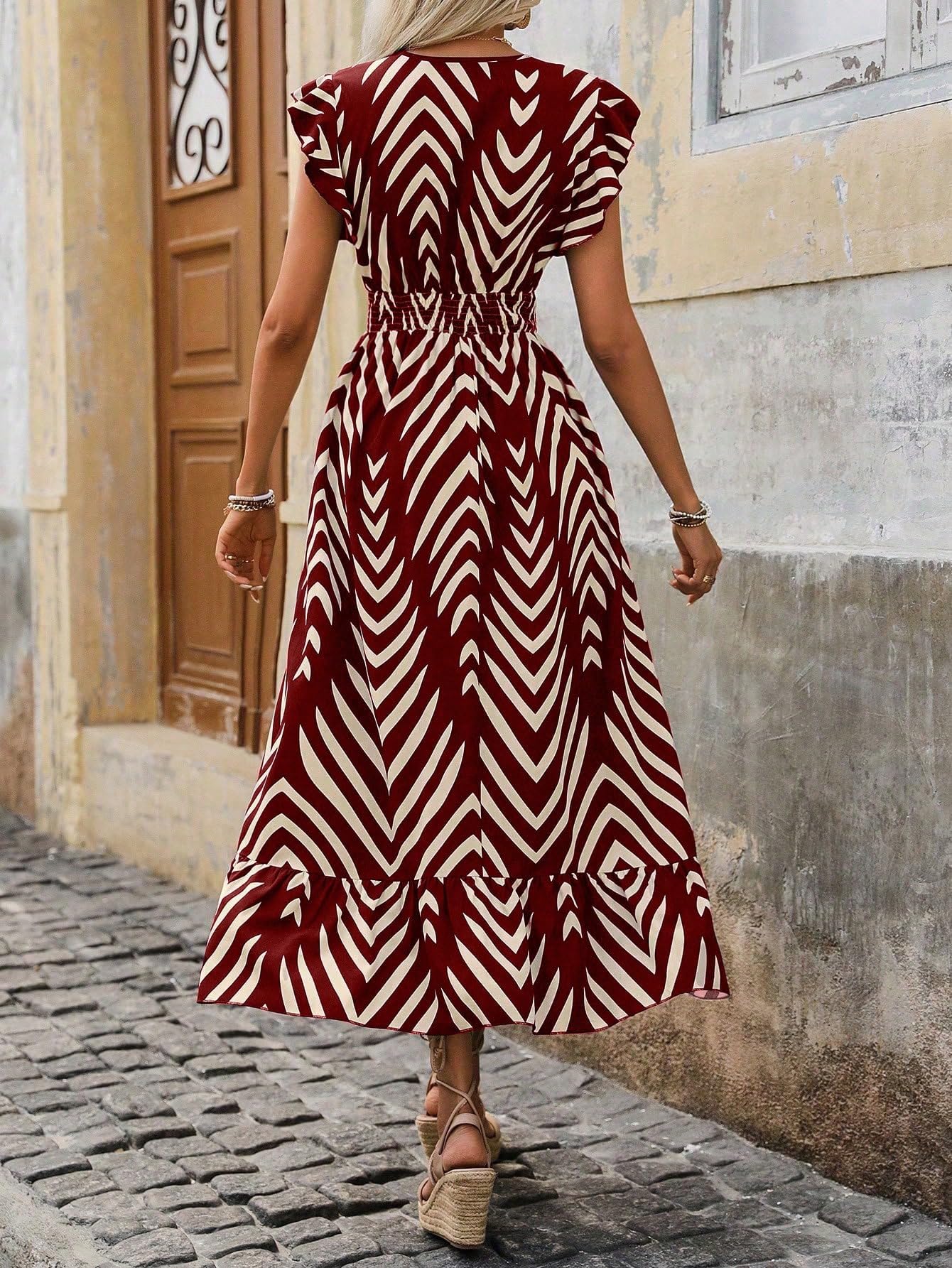 Shasmi WomenS Rayon Maxi Ruffled Hem And Belted Waist (V-Neck Striped Printed Dress 140_Maroon