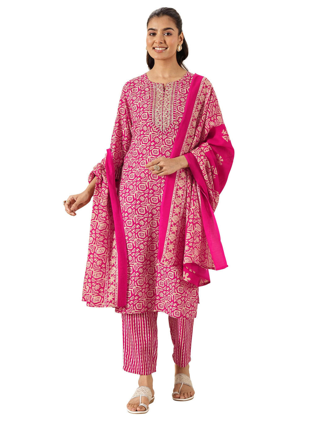 Gerua By Libas Printed Cotton Blend Straight Kurta With Trousers and Dupatta