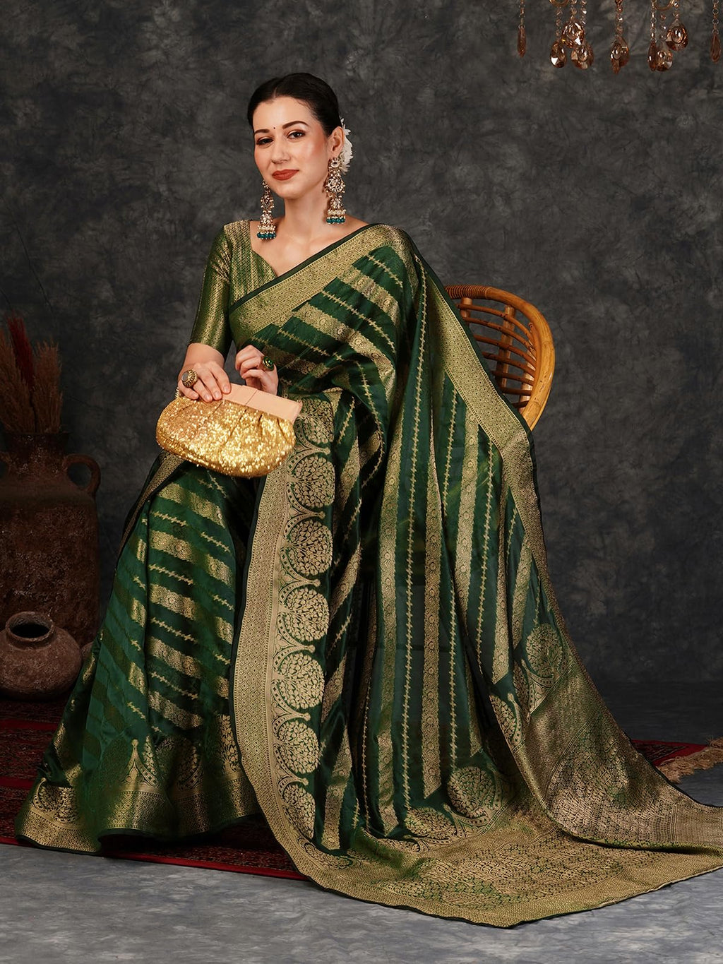 Satrani Womens Banarasi Jacquard Kanjivaram Silk Blend Saree with Unstitched Blouse Piece