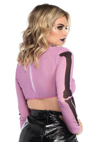 Skeleton high neck long sleeved mesh crop top with zipper back