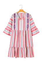 White Stripe Plus Size Embroidered Detail Flared 3/4 Sleeve V Neck Dress